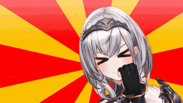 a girl with gray hair and black gloves is making a face