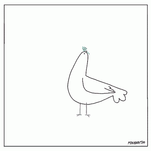 a black and white drawing of a pigeon with a olive branch on its head standing next to a person 's foot .