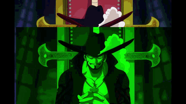 a man in a cowboy hat sits on a throne with a sword behind him