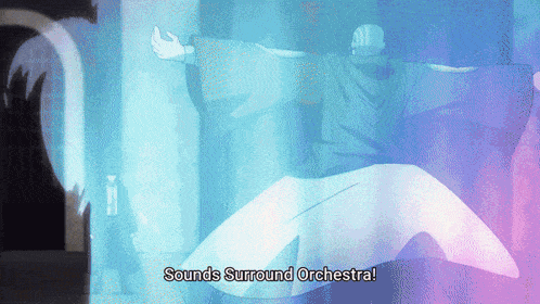 a cartoon of a man with the words " sounds surround orchestra " below him