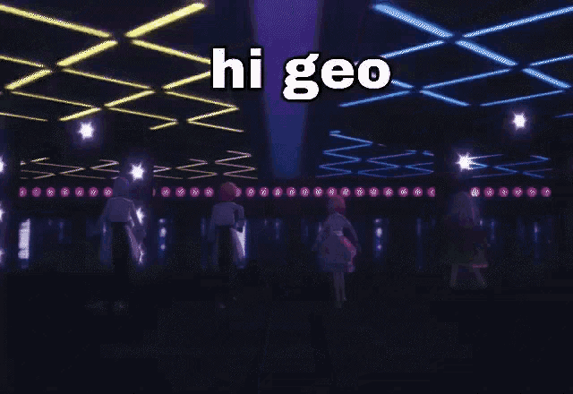 a cartoon character is dancing in a dark room with the words hi-geo written on the bottom .