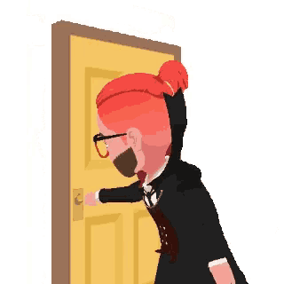 a woman with red hair and glasses is standing in front of a door