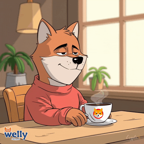 a cartoon of a dog sitting at a table holding a cup of coffee with a shiba inu logo on it