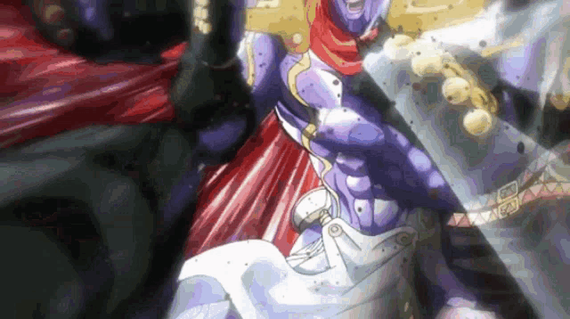 a purple and white cartoon character with a red scarf around his neck is fighting another cartoon character .