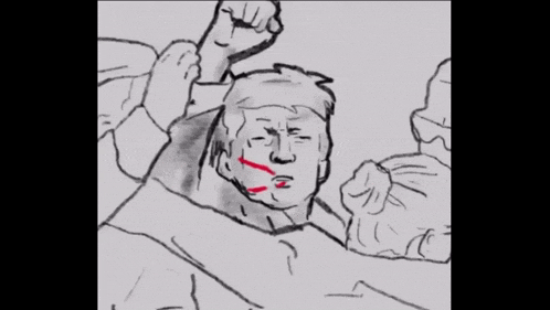a black and white drawing of a man with a red stripe on his face