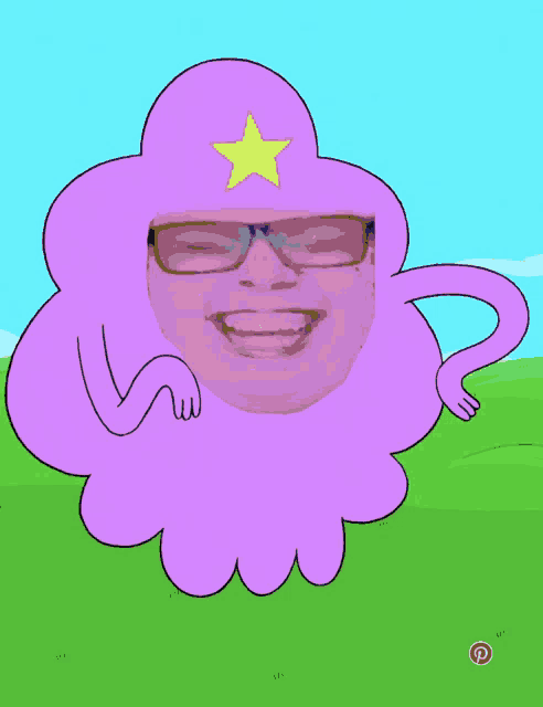 a cartoon character with glasses and a yellow star on top