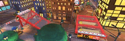 an aerial view of a city with buildings and a sign that says dk