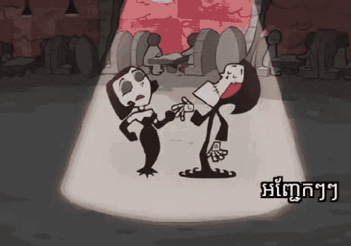 a couple of cartoon characters are standing next to each other in a dark room .