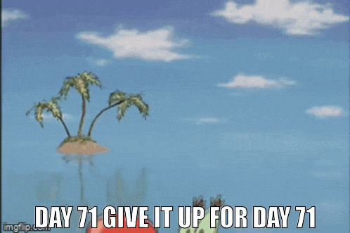 a cartoon of a crab holding a bell with the words `` day 71 give it up for day 71 '' written below it .