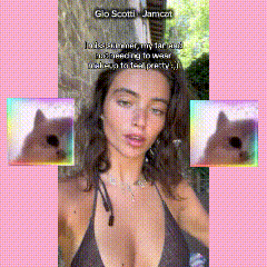 a woman in a bikini is surrounded by images of a cat
