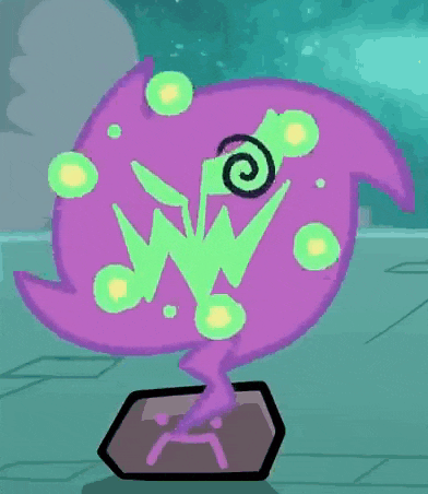 a purple and green cartoon character with a swirl in the middle of it .