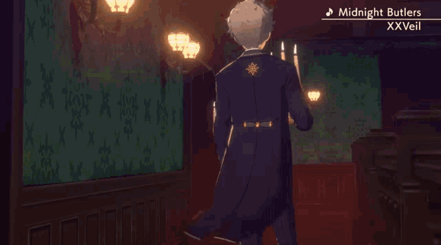 two anime characters standing back to back holding candles with the words midnight butlers xxveil on the bottom