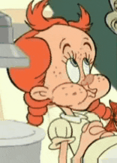 a cartoon girl with red hair and freckles is looking up