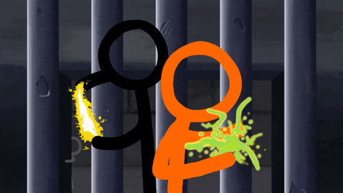 a black stick figure and an orange stick figure in a prison cell