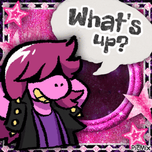 a cartoon of a girl with a speech bubble that says what 's up