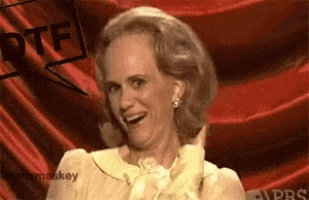 a woman making a funny face with a speech bubble that says dtf in the background