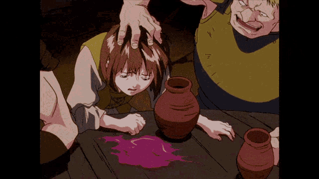 a cartoon drawing of a girl with a purple liquid coming out of a vase