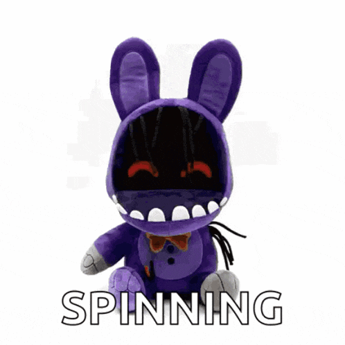 a purple bunny stuffed animal with the word spinning written on it