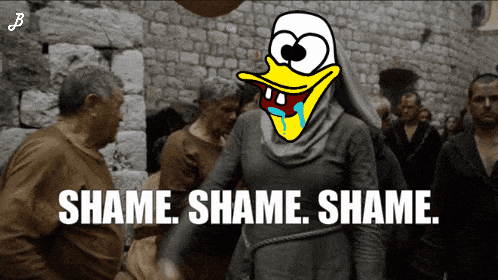 a cartoon of a duck with the words shame shame shame written below it