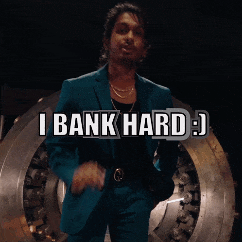 a close up of a man 's face with the words i bank hard above him