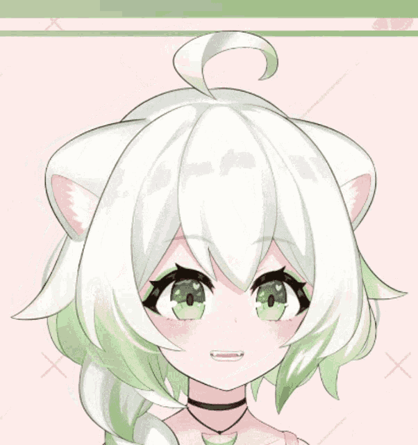 an anime girl with white hair and green eyes