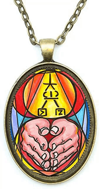 a necklace with a stained glass design of two hands holding each other