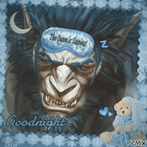 a picture of a werewolf wearing a sleep mask that says " the queen is sleeping "