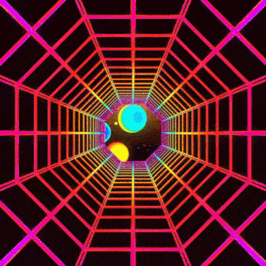 a colorful tunnel with a spider web and a planet in the middle .