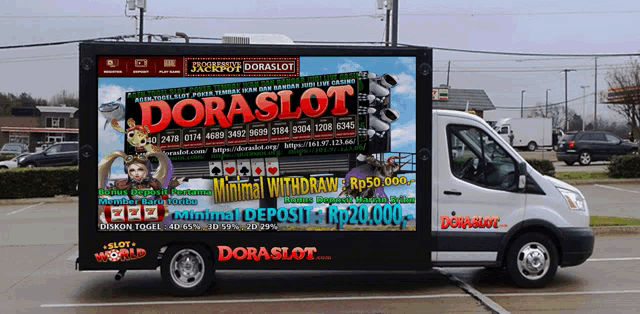 a white van is parked in a parking lot with an advertisement for doraslot on the side