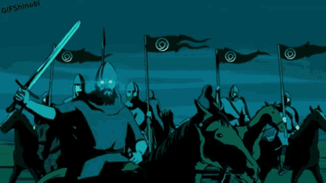 a cartoon of a group of soldiers riding horses and holding flags with a watermark that says g435ninjab