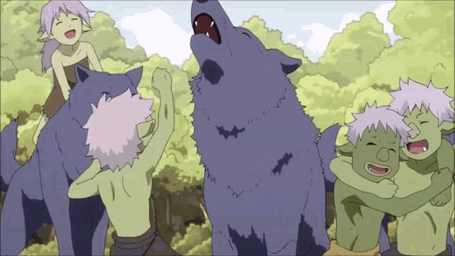 a group of cartoon characters are standing around a large wolf