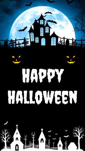 a halloween poster with a haunted house and bats in front of a full moon