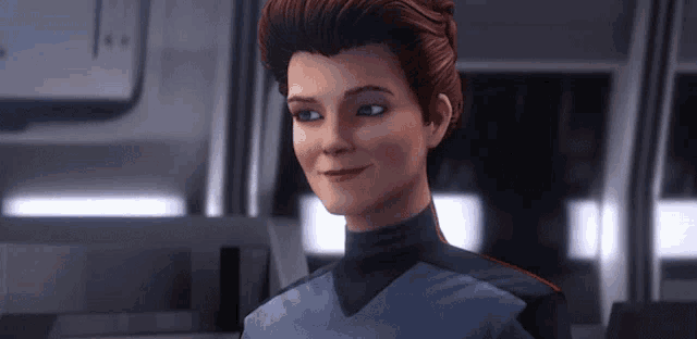 a cartoon character is smiling and looking at the camera while standing in a room .