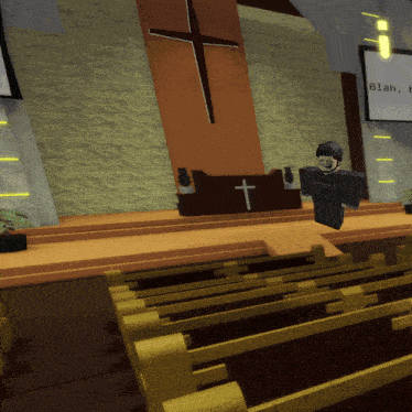 a church with a cross on the wall and a sign that says " blah blah "
