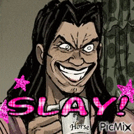 a cartoon of a man with long hair holding a cup that says slay horse .