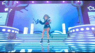 a girl is standing on a stage with a sword in her hand and a shark in the background .