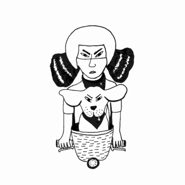 a black and white drawing of a woman and a dog in a basket