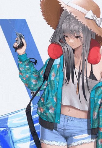 a girl wearing a hat and shorts holds a fishing rod