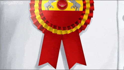 a red and yellow ribbon with elephants on it and sanga023d written on the bottom