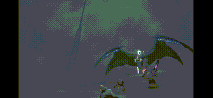 a person is fighting a dragon in a video game in the dark .