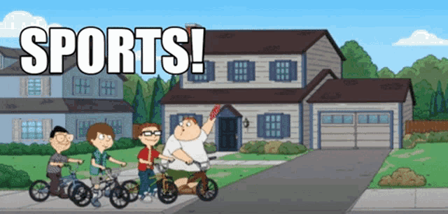 a cartoon of people riding bikes in front of a house with the words sports written above them
