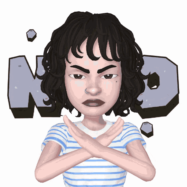 a cartoon girl with a nose ring making a no sign