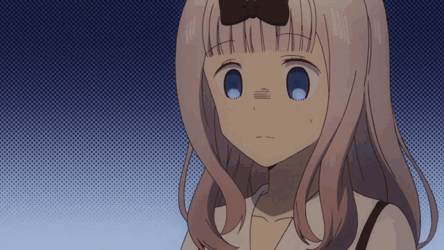 a girl with pink hair and blue eyes has a bow in her hair