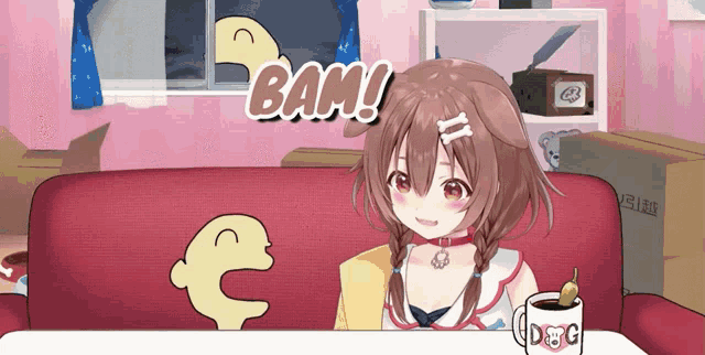 a girl sitting on a couch with the word bam written above her