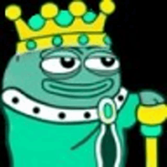 a cartoon frog with a crown on his head is holding a cane .