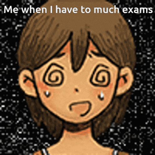 a drawing of a girl with a swirl around her eyes and the words me when i have to much exams