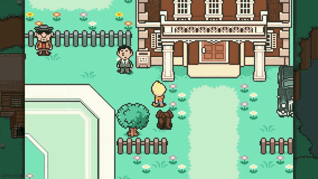 a screenshot of a video game with a man standing in front of a house
