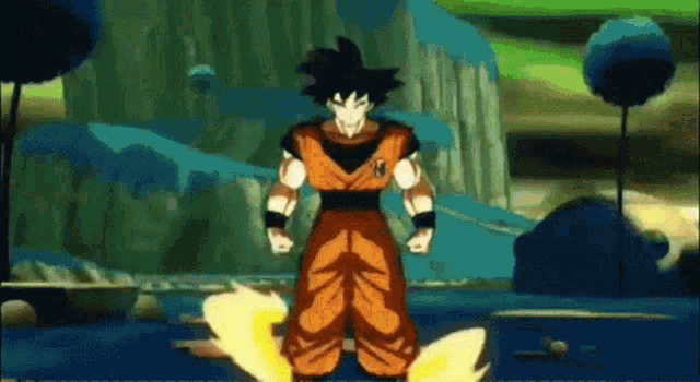 a cartoon of a man in a dragon ball z outfit standing in front of a landscape .
