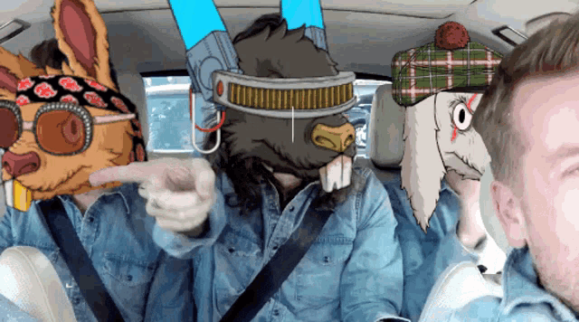 a group of people wearing animal masks are driving in a car