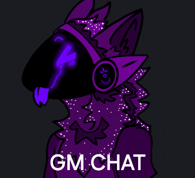 a drawing of a purple monster with the words gm chat written below it